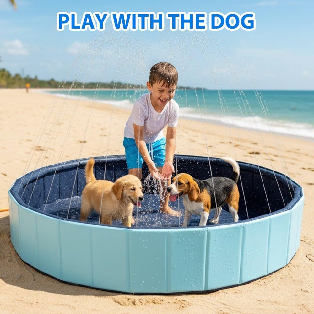 Faltbarer Hundepool 20x80 cm mit Sprinkler und Ablassventil fuer Garten