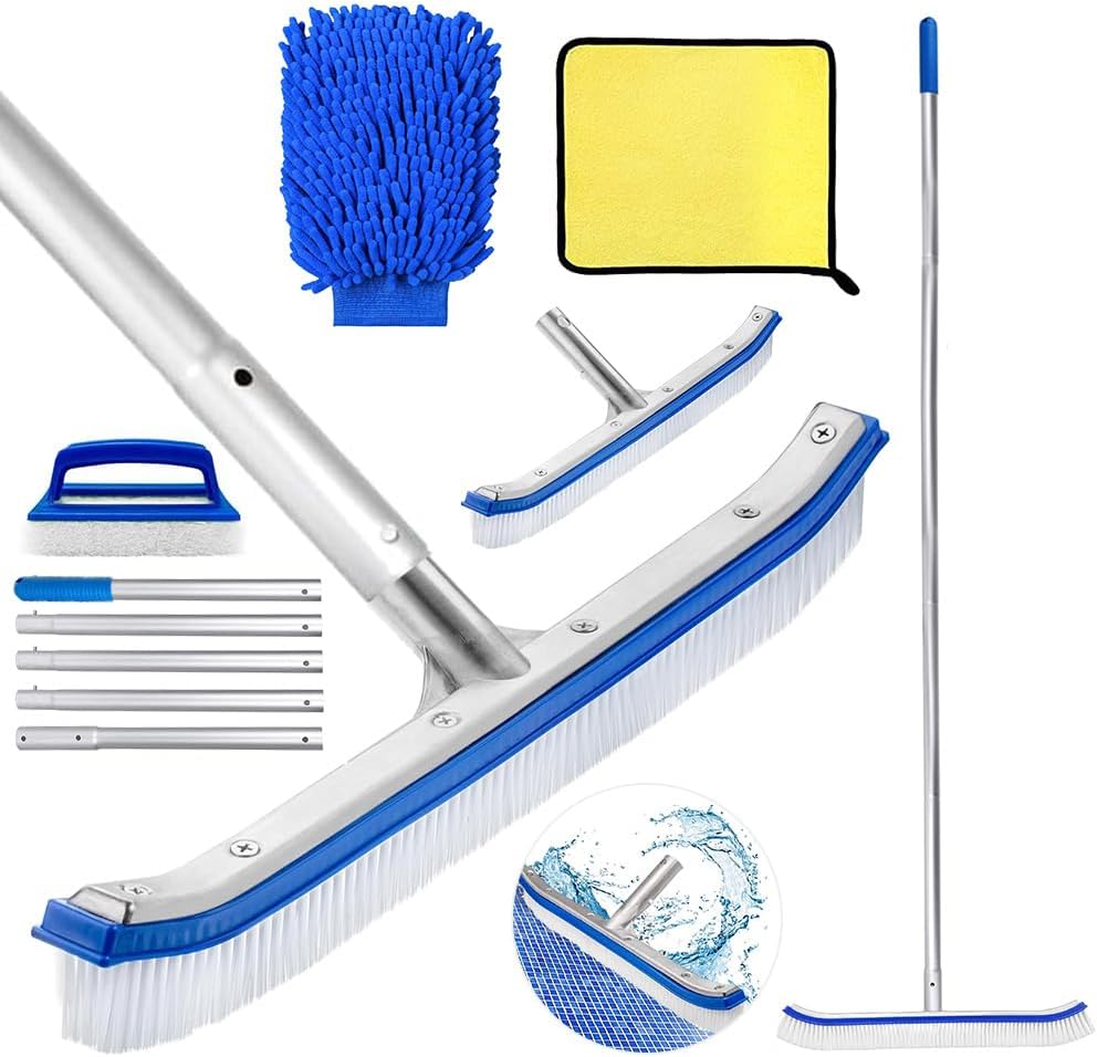 Poolbuersten Set 45 cm mit 180 cm Teleskop-Aluminiumstange und Edelstahlrueckseite