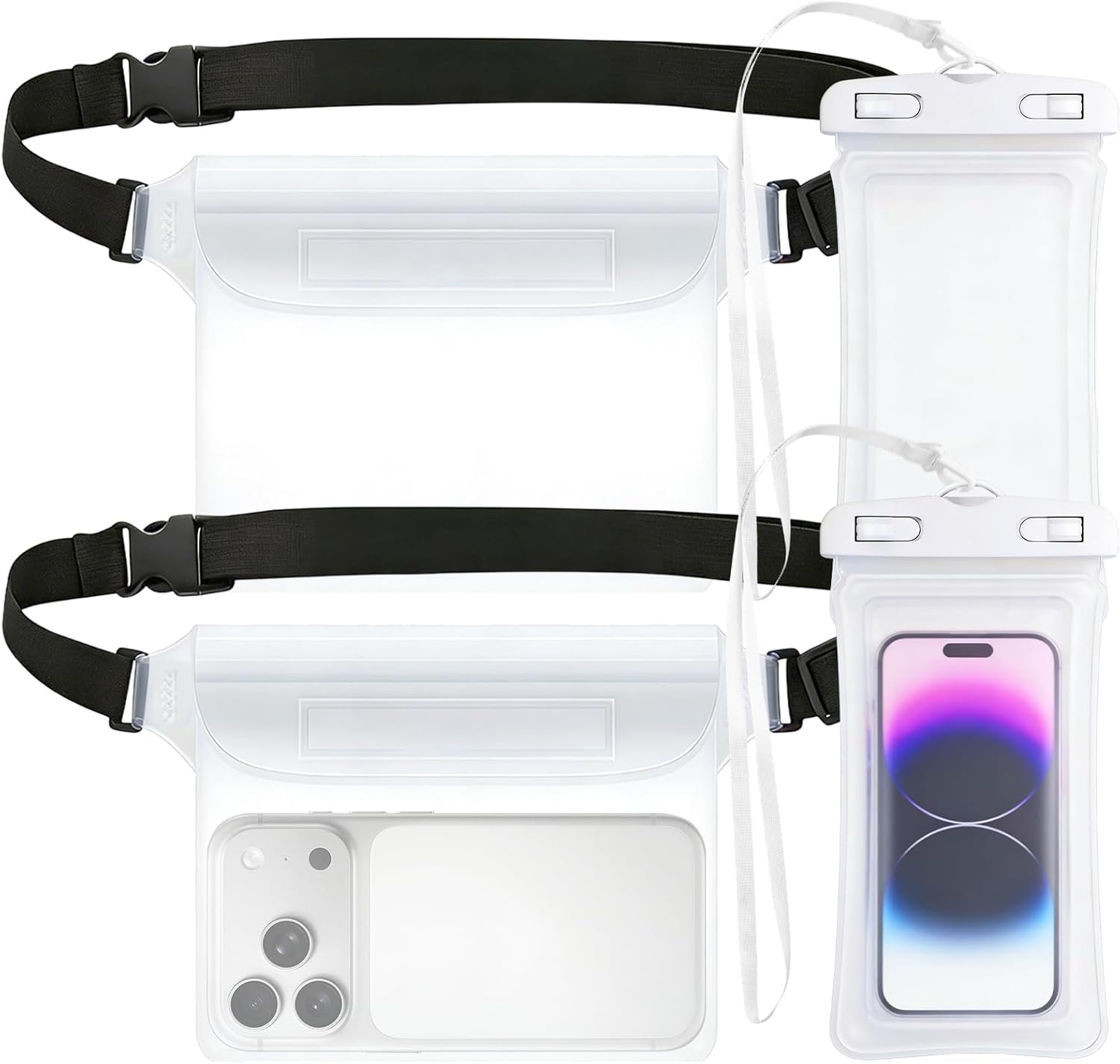 Wasserdichte Handyhuelle IPX8 transparent 4er Set Bauchtasche mit Gurt weiss