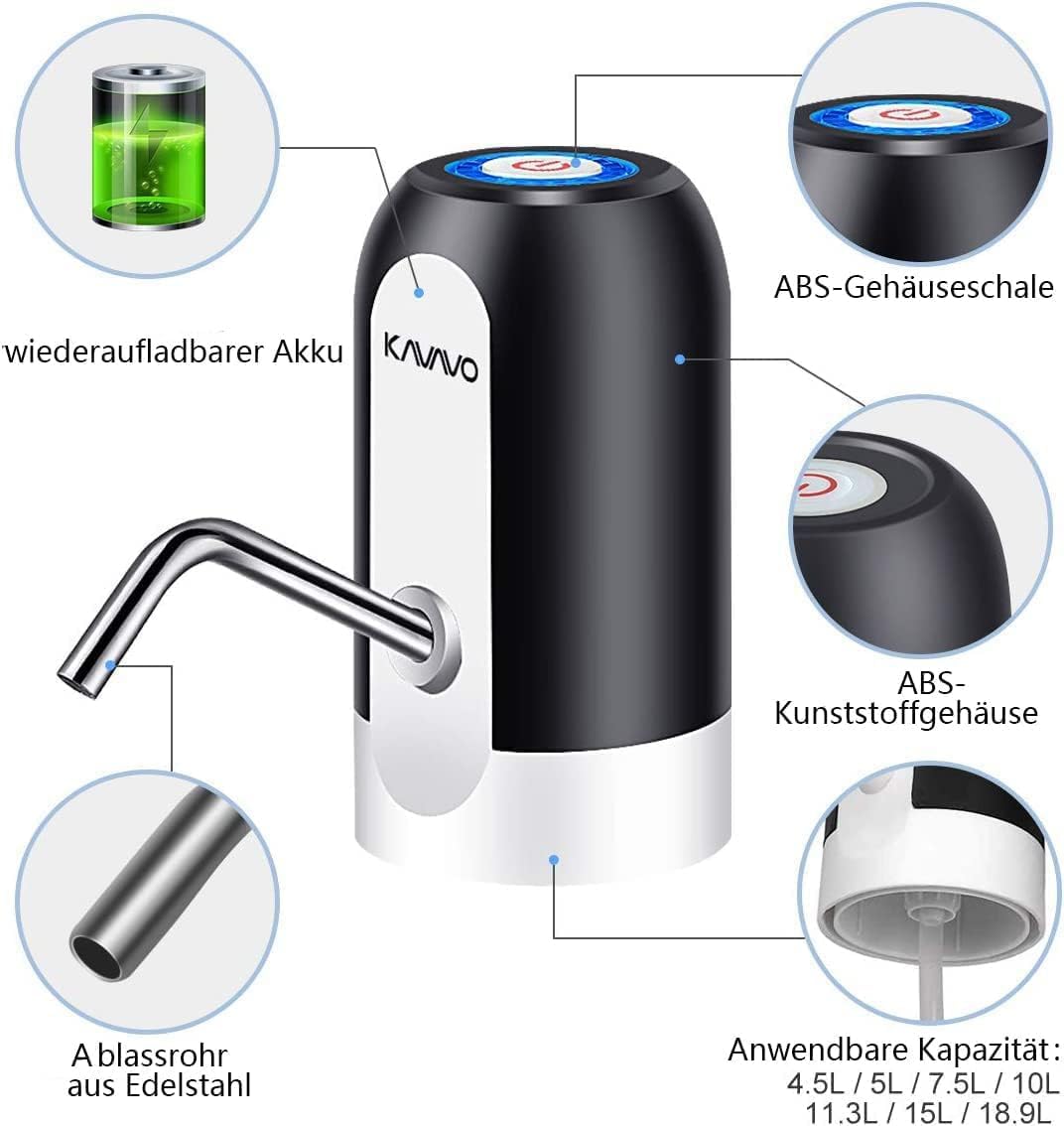 Elektrische Wasserpumpe USB wiederaufladbar mit 2 Adapter und Schlaeuchen, Edelst