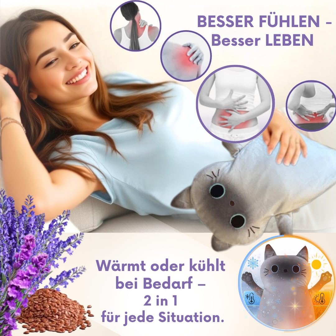 Koernerkissen Katze mit waschbarem Bezug - Waerme- und Kaeltekissen fuer Verspannung