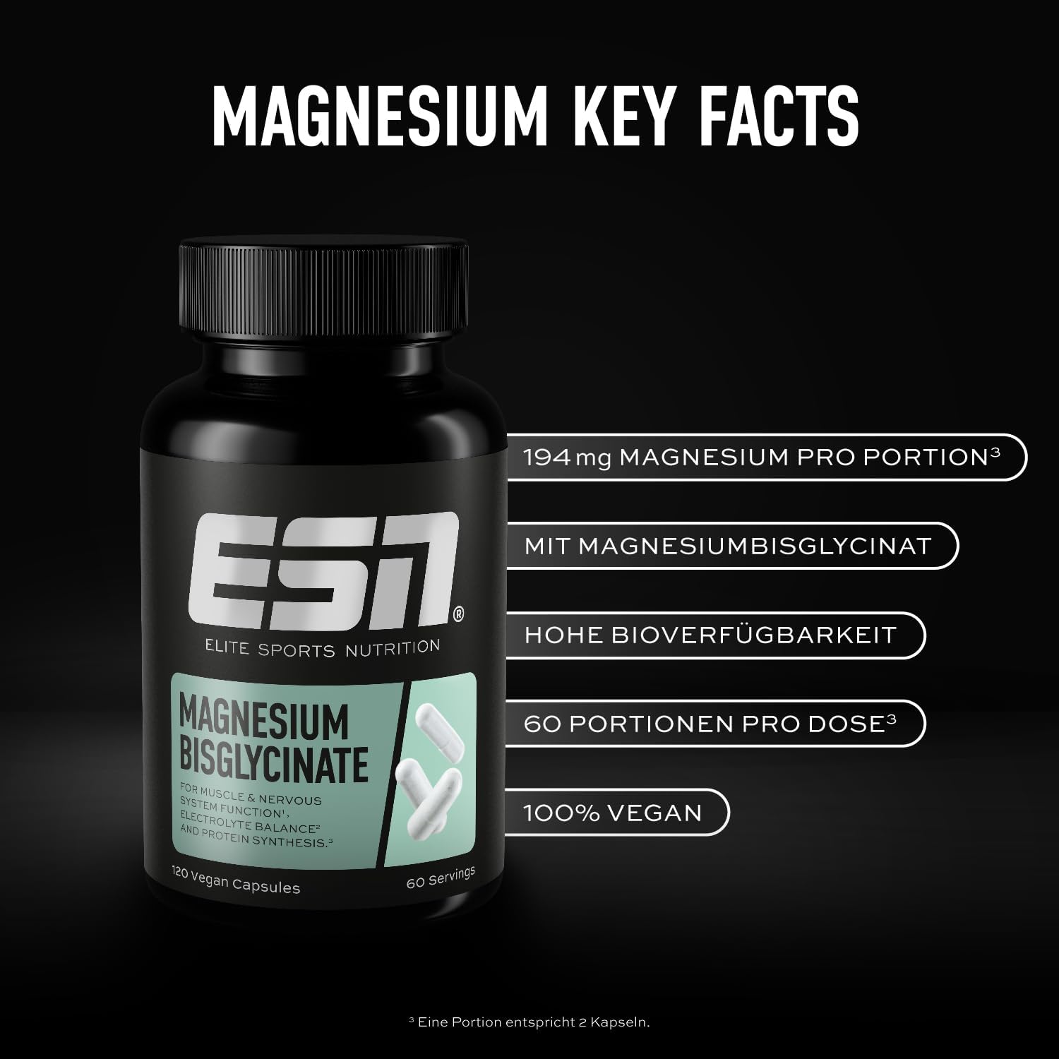 ESN Magnesium Caps 120 Kapseln 194 mg pro Tag Magnesiumbisglycinat Made in Germa