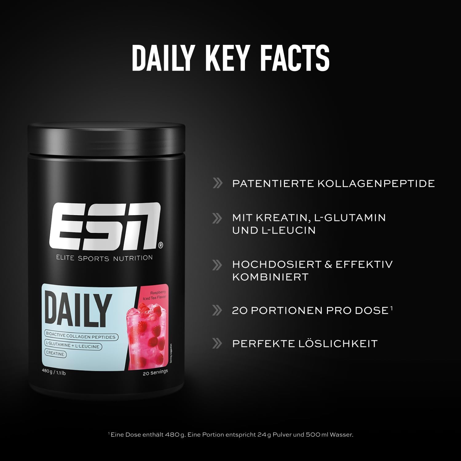 ESN Daily Pulver Raspberry Iced Tea mit Glutamin Creatin Collagen vers