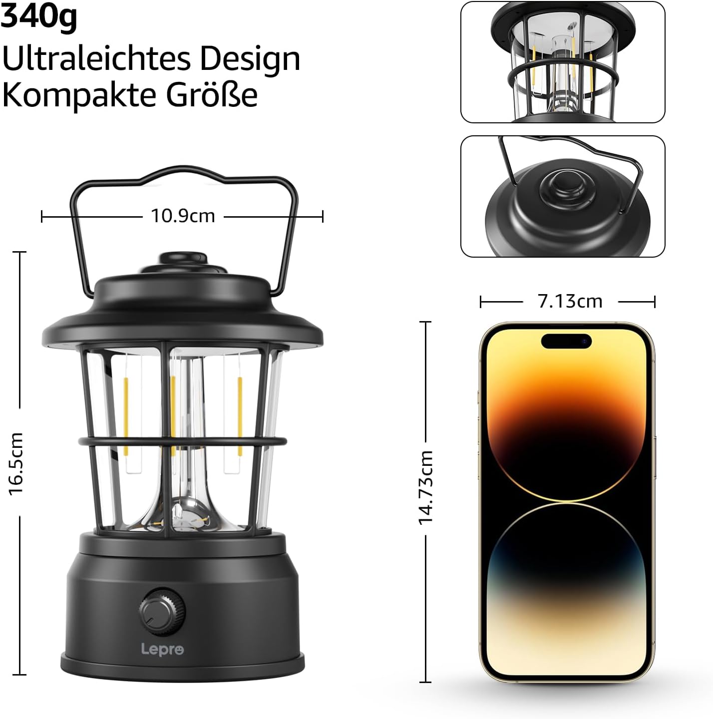 Lepro LED Retro Campinglampe wiederaufladbar dimmbar Powerbank IPX4 schwarz