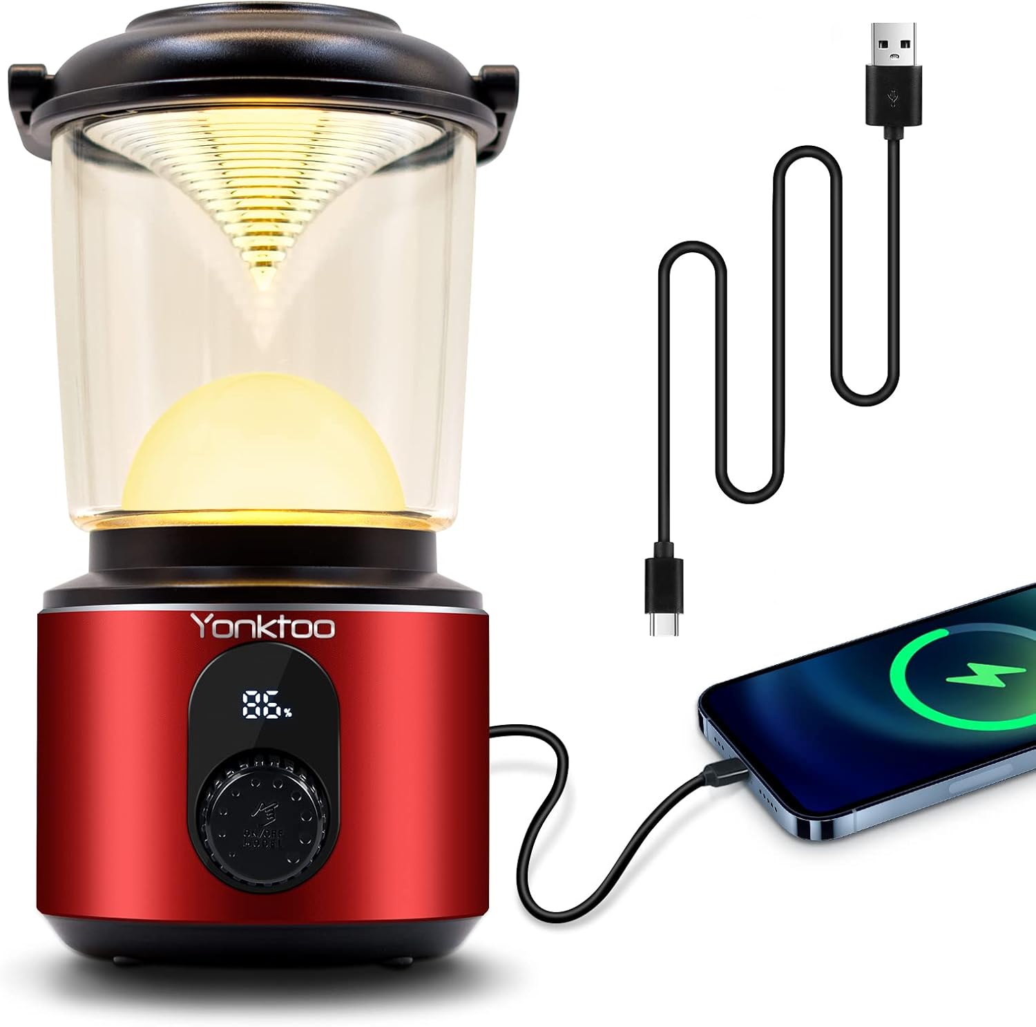 Yonktoo Campinglampe USB‑C 10400 mAh LED mit rotem Licht, LCD, IPX5