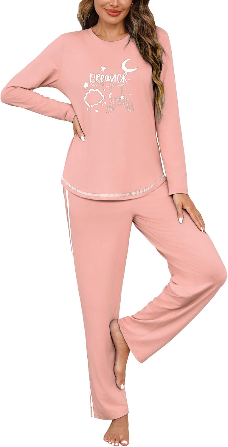 Damen Schlafanzug lang Baumwolle Pyjama Set mit Print und Taschen S-XXL