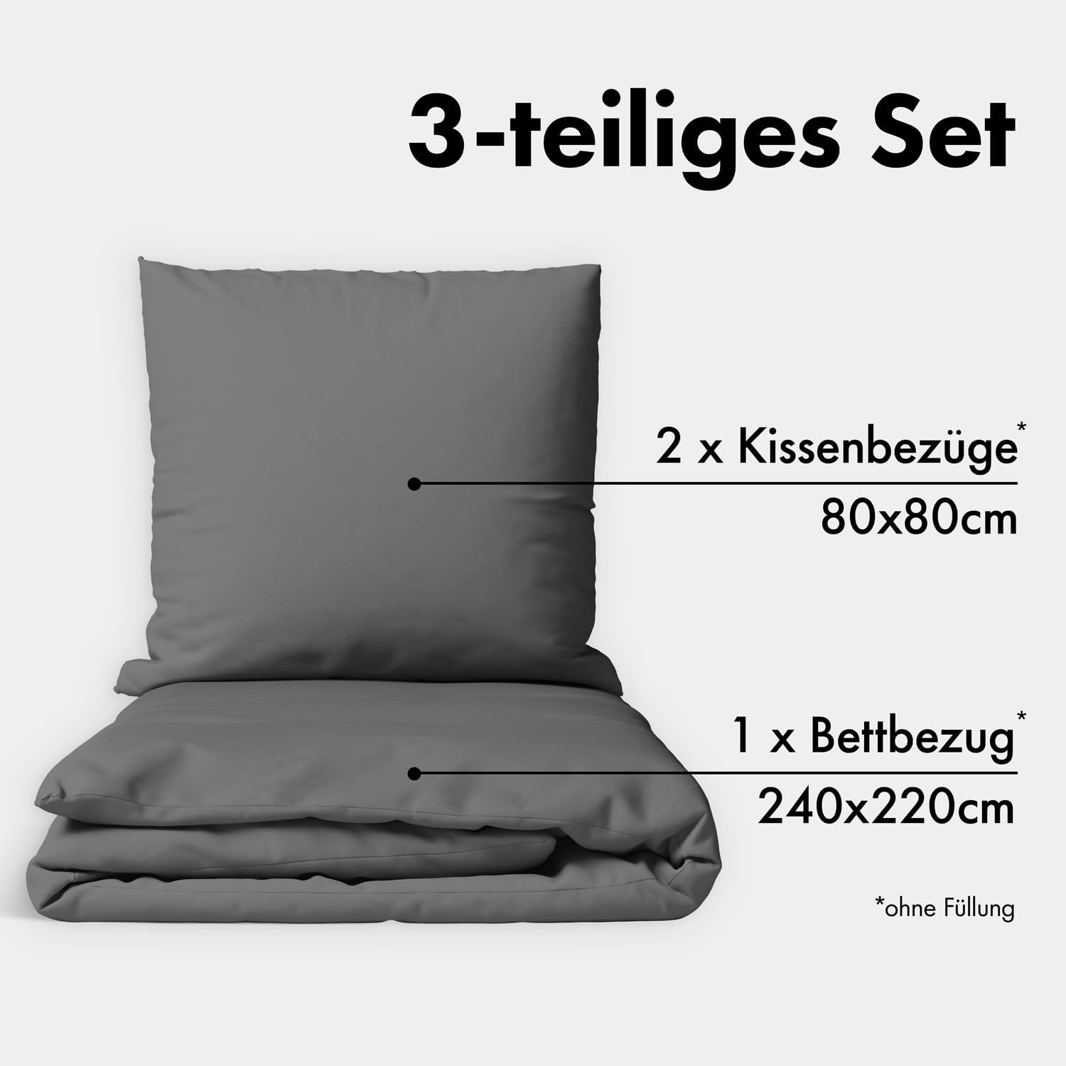 Bettwaesche 135x200 Baumwolle Perkal 2-teilig Anthrazit mit Reissverschluss