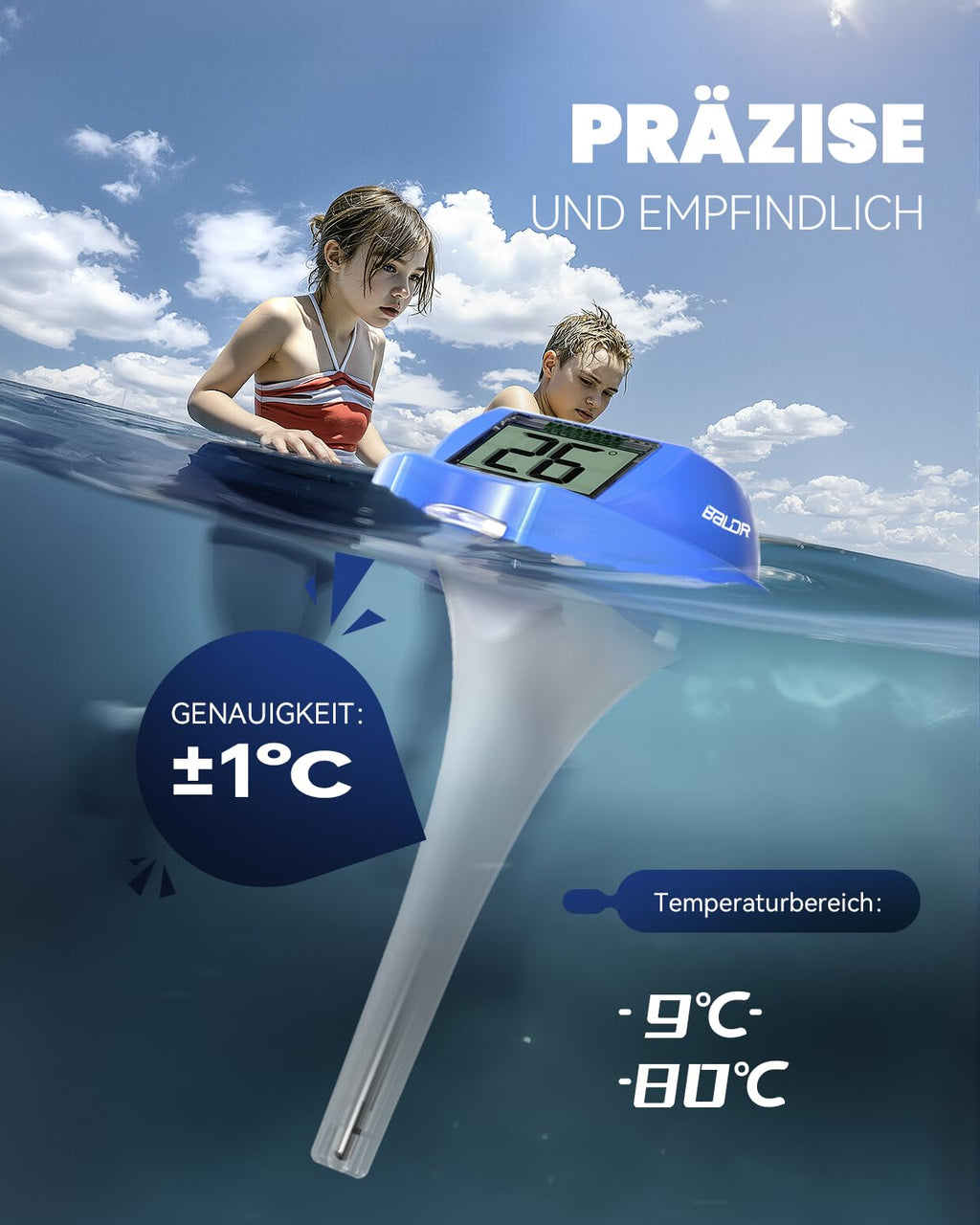 BALDR Solarschwimmer Poolthermometer mit zwei Displays, IPX7 wasserdicht