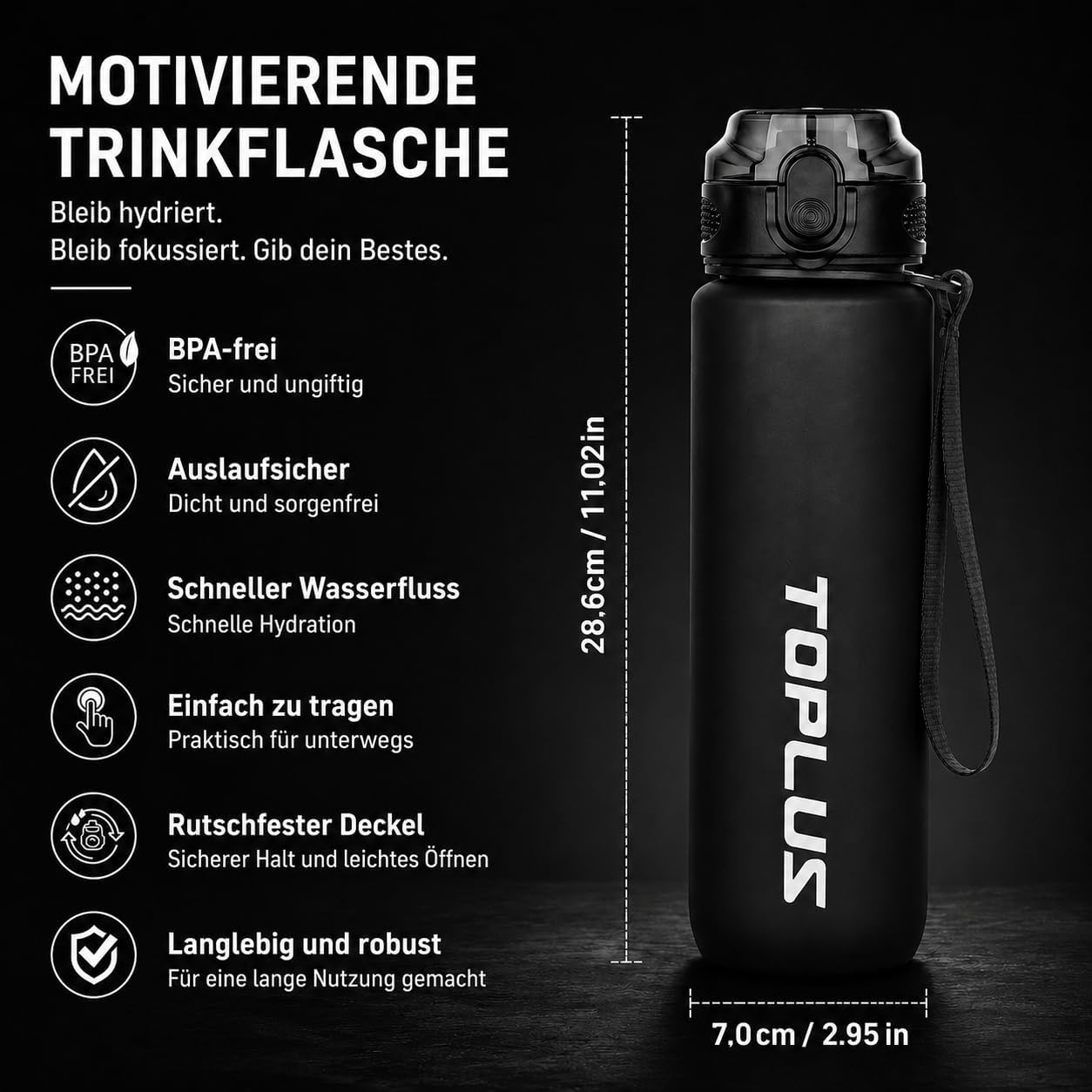 TOPLUS Sport-Trinkflasche BPA-frei leicht stossfest schwarz