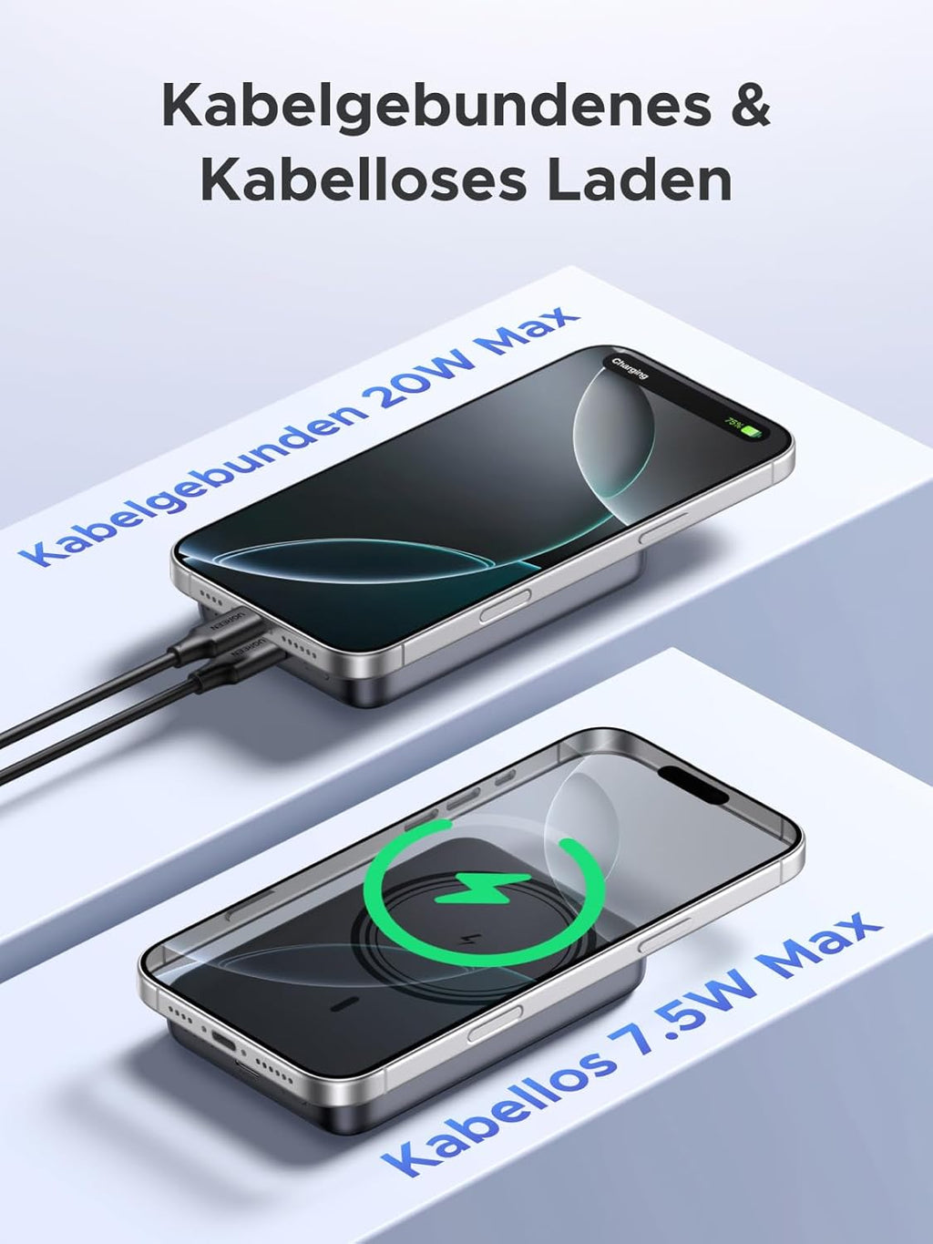 UGREEN Zapix 10000 mAh Magnetische Powerbank 20W USB-C kabellos Schwarz
