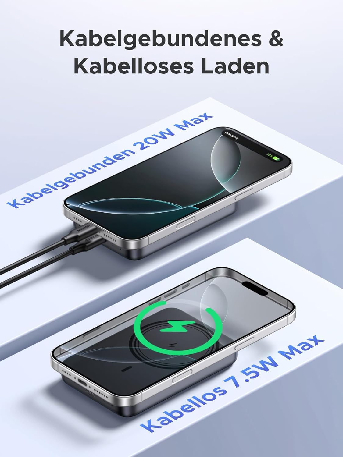 UGREEN Zapix 10000 mAh Magnetische Powerbank 20W USB-C kabellos Schwarz