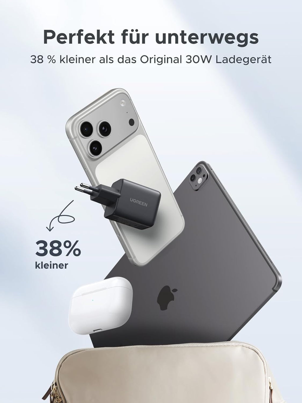 UGREEN 30W USB C Ladegeraet GaN II 3‑Port PD Schnellladegeraet schwarz
