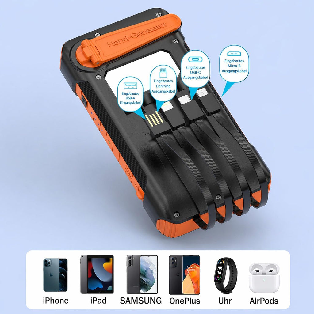 revolt Powerbank 10000 mAh USB‑C PD 20W mit Solarpanel, Kurbel & LED