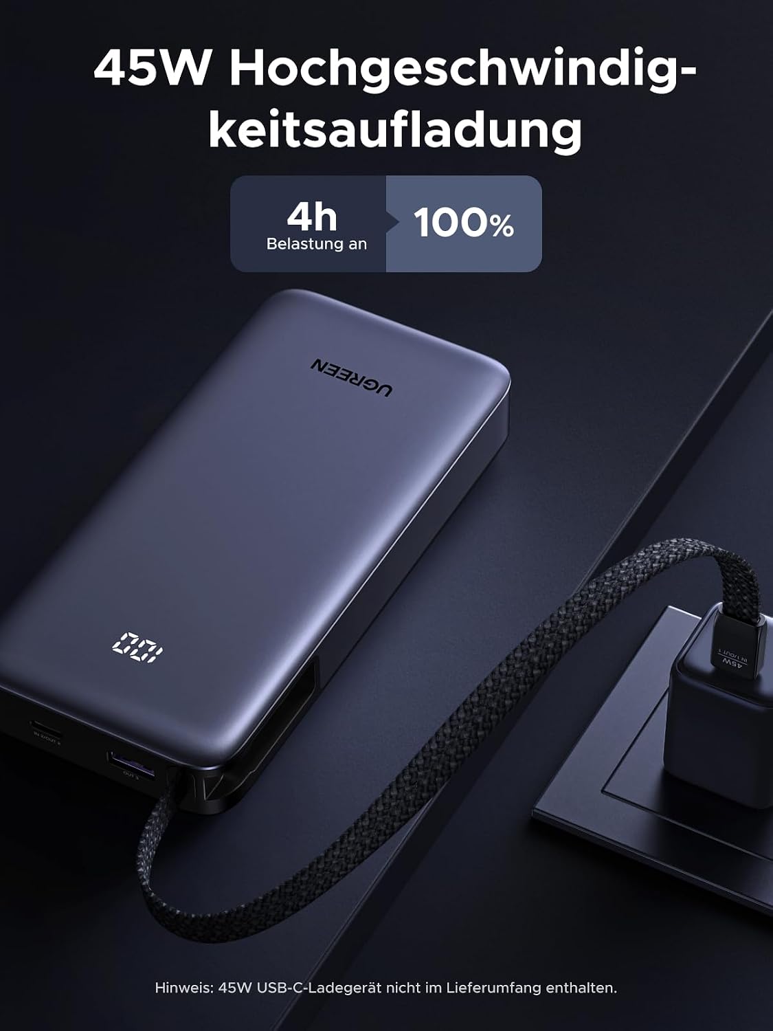 UGREEN Powerbank 20000 mAh 45W mit integriertem USB‑C‑Kabel Power Delivery