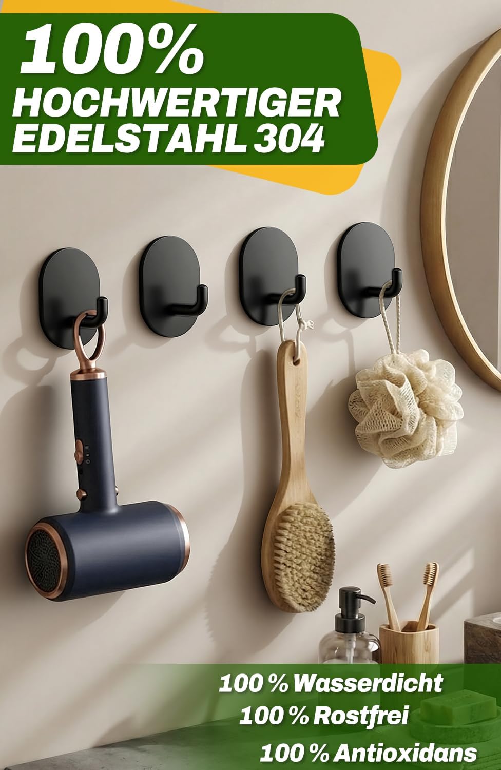Handtuchhaken 6er Set Edelstahl schwarz selbstklebend fuer Bad Kueche
