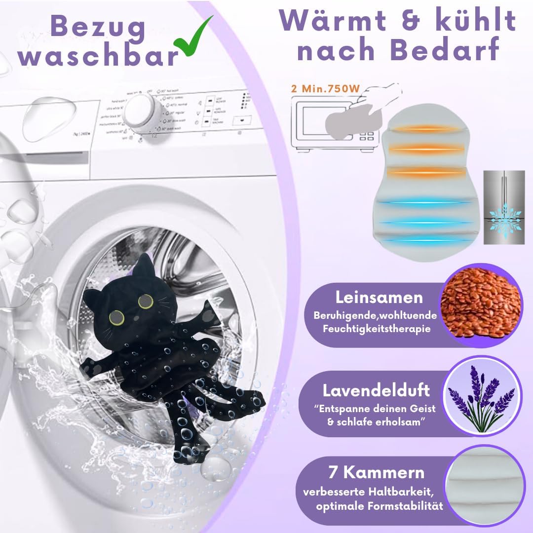 Koernerkissen Katze mit waschbarem Bezug - Waerme- und Kaeltekissen fuer Verspannung