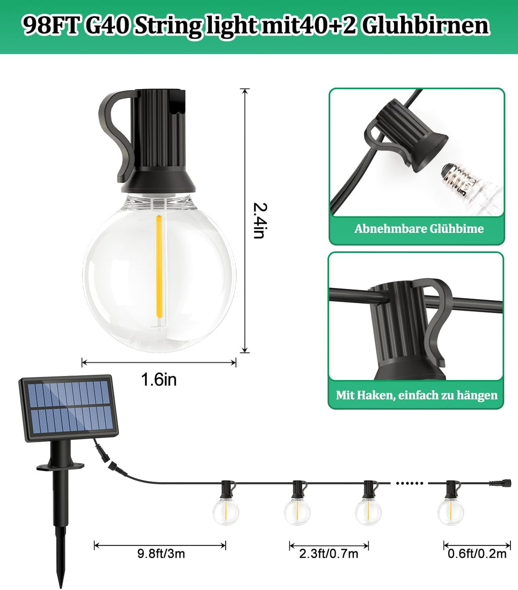 Solar Lichterkette 15m G40 Gluehbirnen 50 LED IP44 wetterfest 3 Modi 15m-30m
