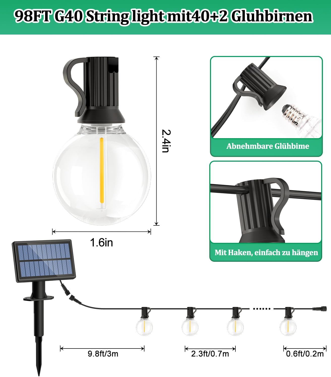 Solar Lichterkette 15m G40 Gluehbirnen 50 LED IP44 wetterfest 3 Modi 15m-30m