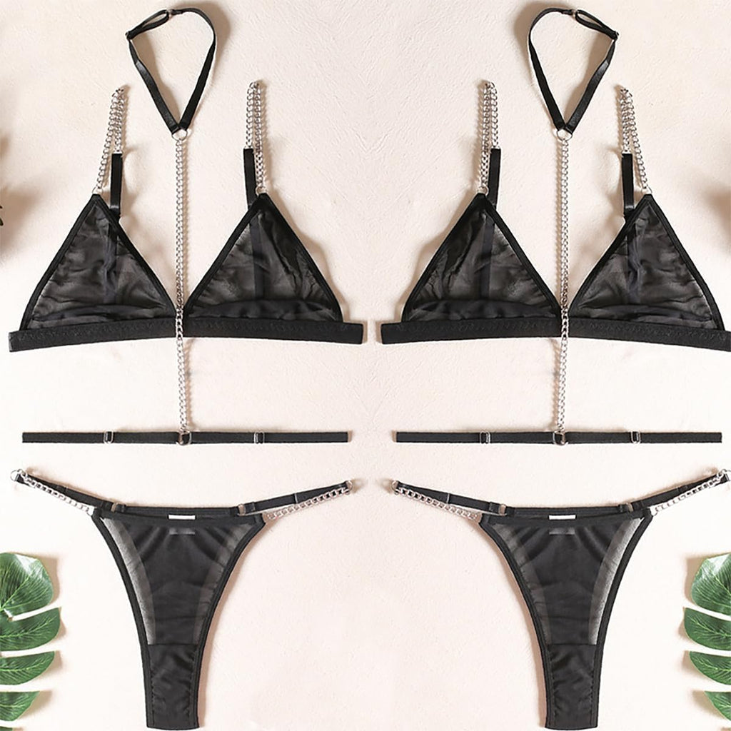 Damen Dessous BH mit Kettentraegern Slip mit Kettenakzent Set S-XL