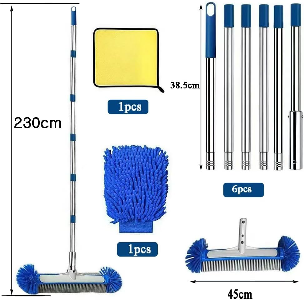 Poolbuersten Set 45 cm mit Teleskopstange 230 cm, Reinigungstuch & Waschhandschuh
