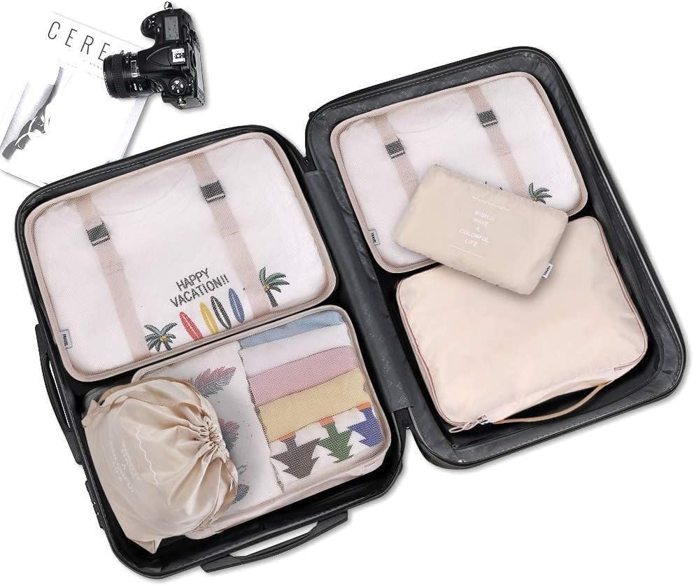 Reise Packwuerfel Set 8-teilig faltbar Gepaeck Organizer Aufbewahrung Beige