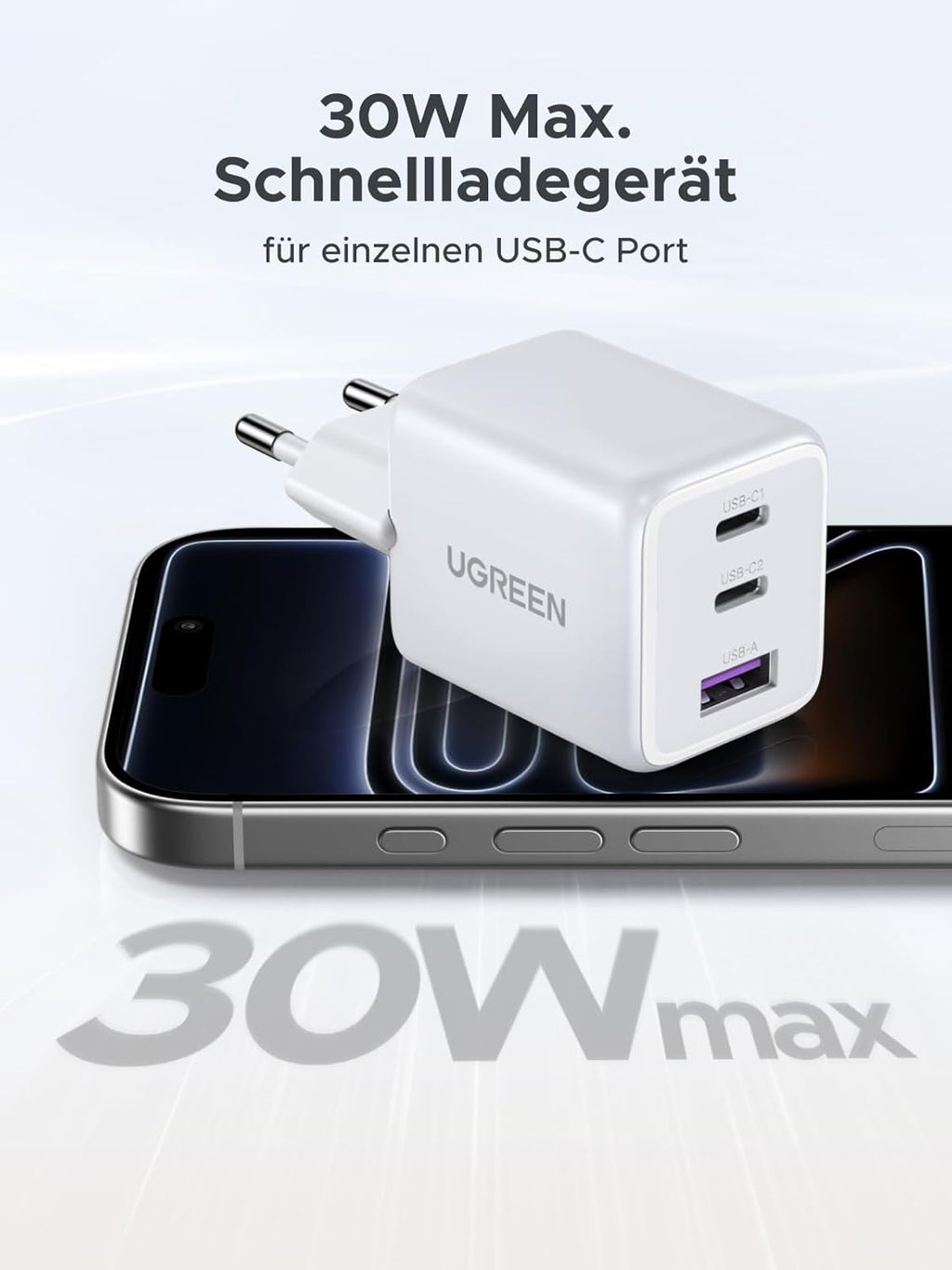 UGREEN 30W USB C Ladegeraet GaN II 3‑Port PD Schnellladegeraet schwarz