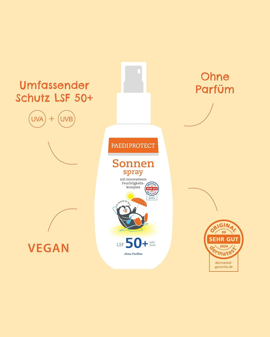 PAEDIPROTECT Sonnenspray LSF 50+ 150 ml parfuemfrei Gesicht Koerper vegan ohne Mik