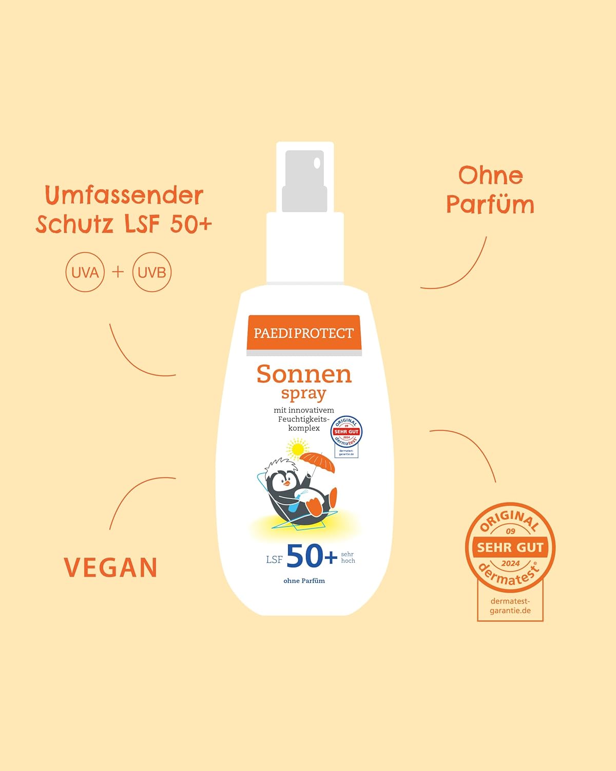 PAEDIPROTECT Sonnenspray LSF 50+ 150 ml parfuemfrei Gesicht Koerper vegan ohne Mik