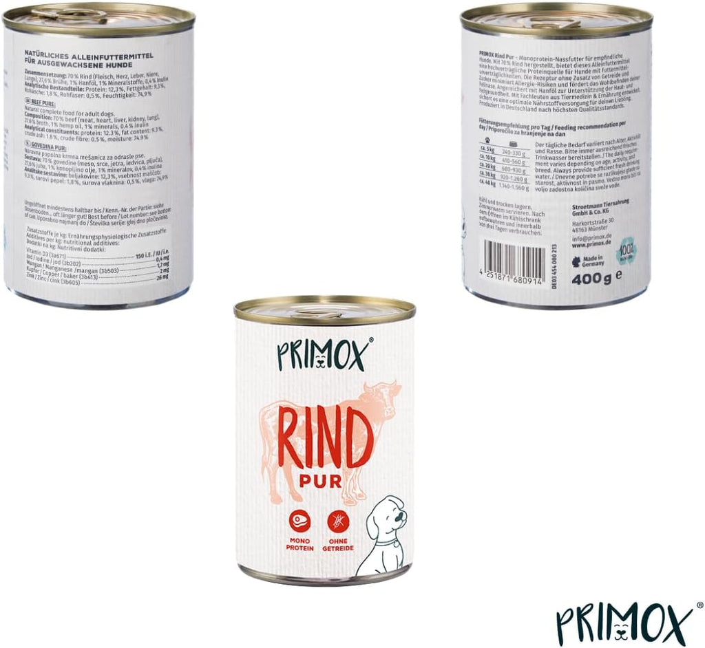 PRIMOX Nassfutter Pferd 12x400g Monoprotein 70% Fleisch Getreidefrei