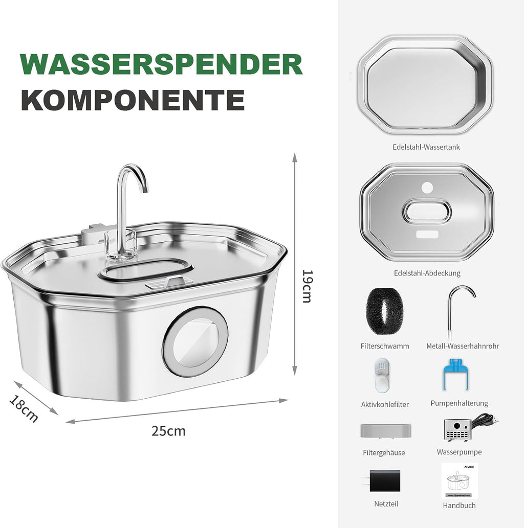 Apauk Trinkbrunnen aus Edelstahl 3,2L leise mit LED-Fenster A-2 Filter & 2 Schwae