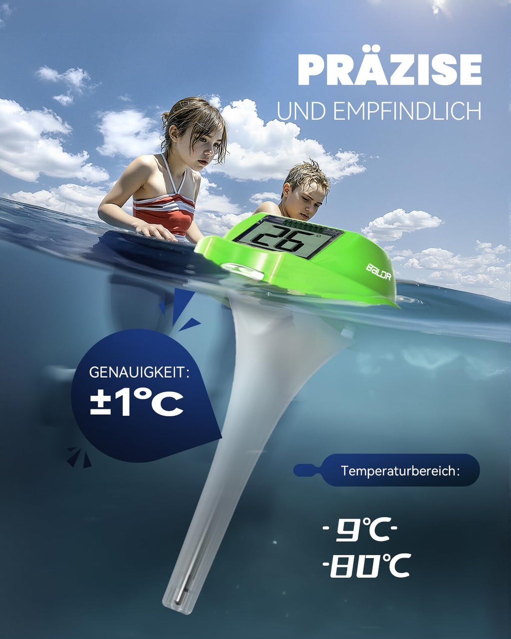 BALDR Solarschwimmer Poolthermometer mit zwei Displays, IPX7 wasserdicht