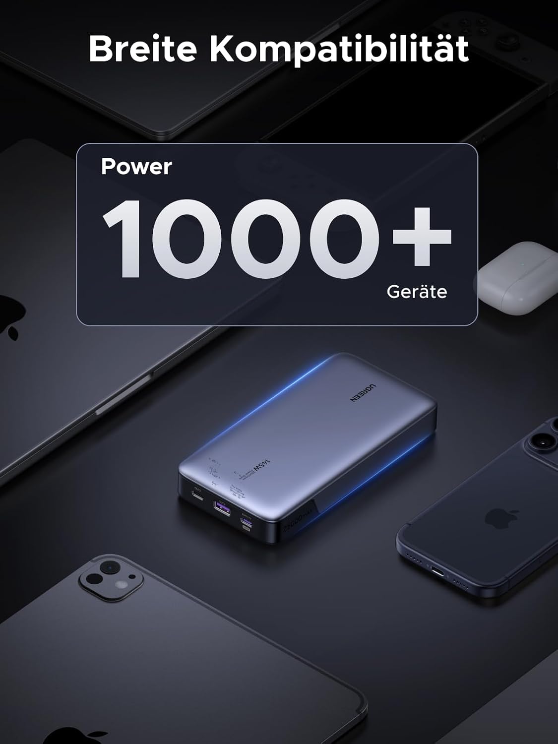 UGREEN Nexode Power Bank 25000mAh 145W 3 Anschluesse USB‑C mit Display, kompatibe