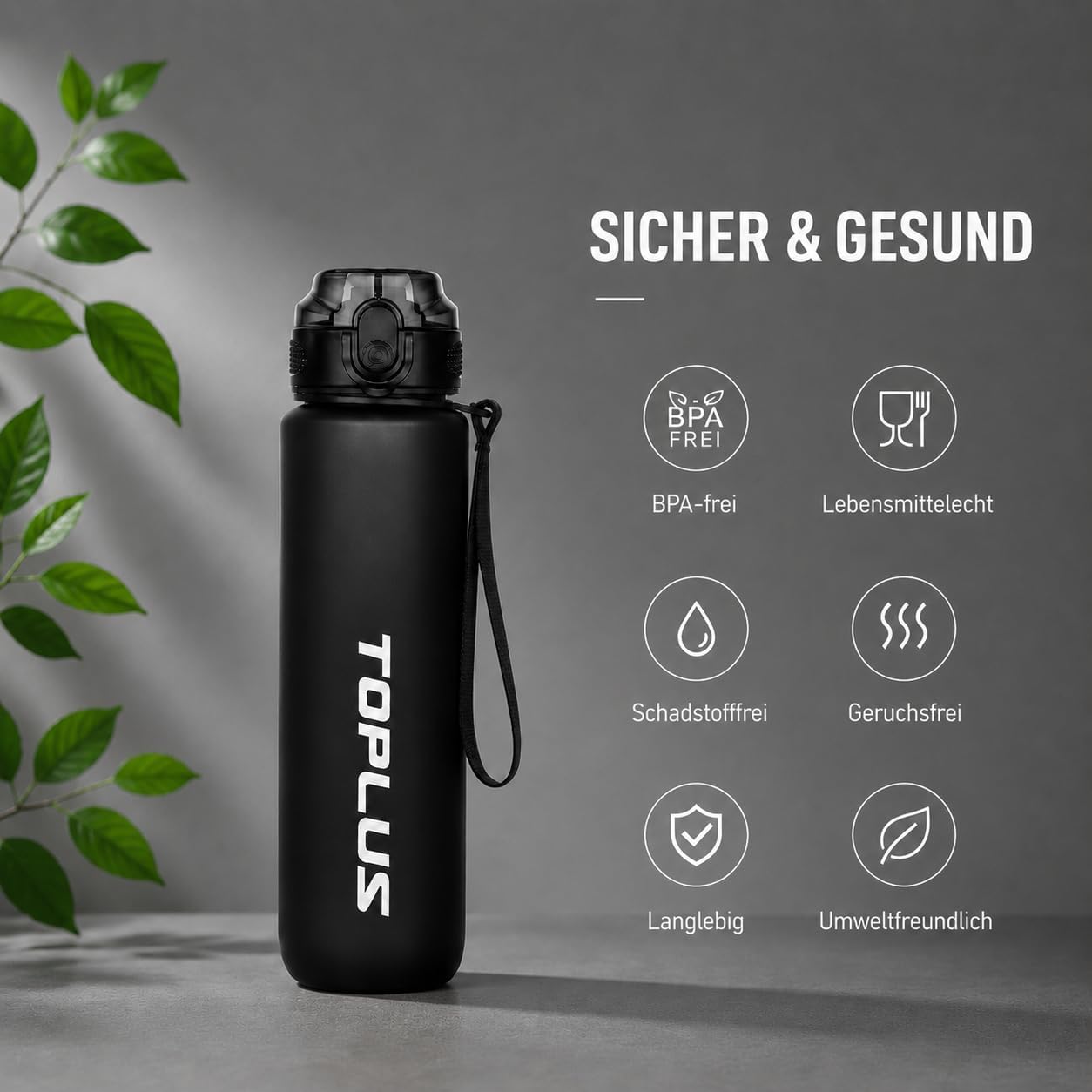 TOPLUS Sport-Trinkflasche BPA-frei leicht stossfest schwarz