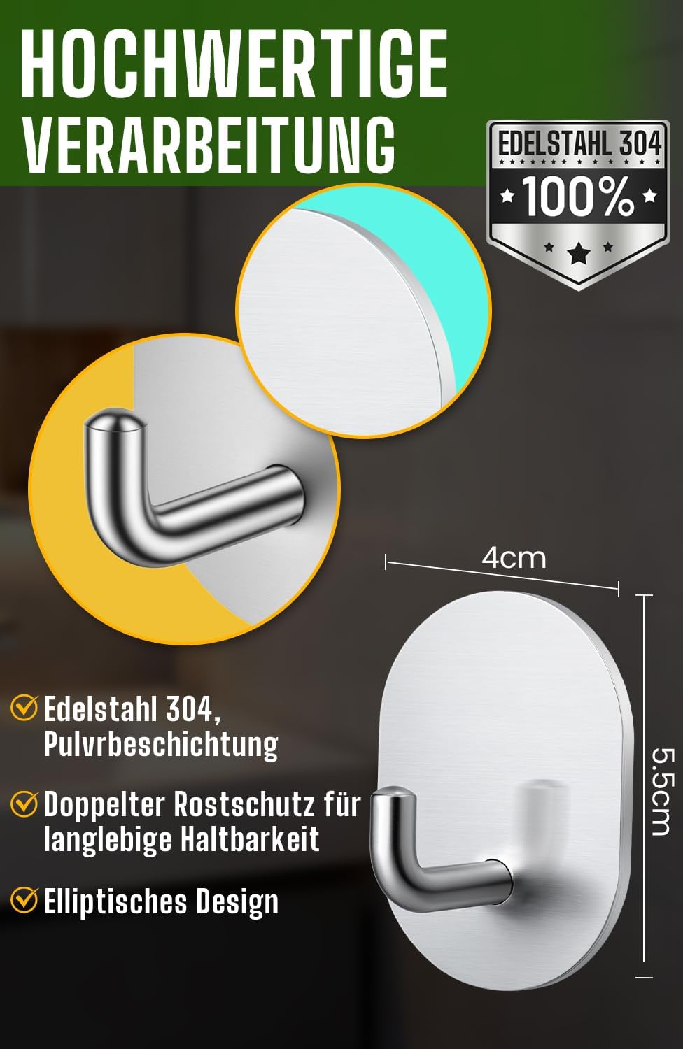 Handtuchhaken 6er Set Edelstahl schwarz selbstklebend fuer Bad Kueche