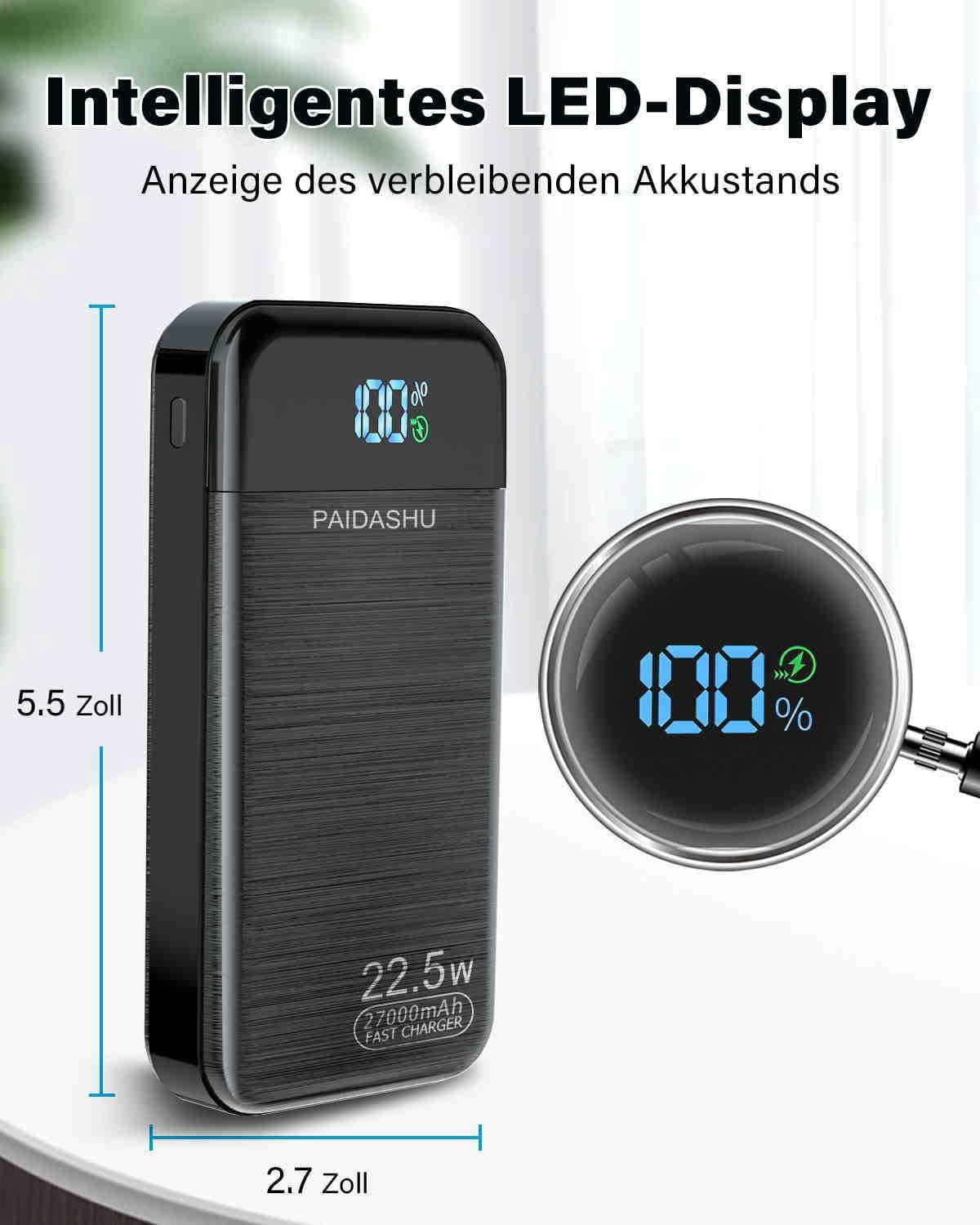 Powerbank 27000 mAh 22,5W USB-C + 2x USB-A LCD Display Externer Akku
