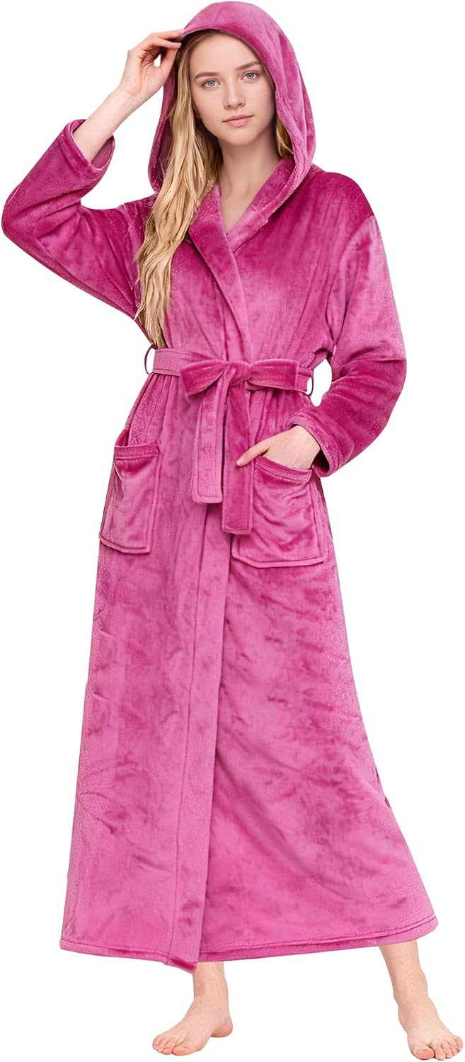 HEARTNICE Damen Bademantel lang mit Kapuze Fleece kuschelig