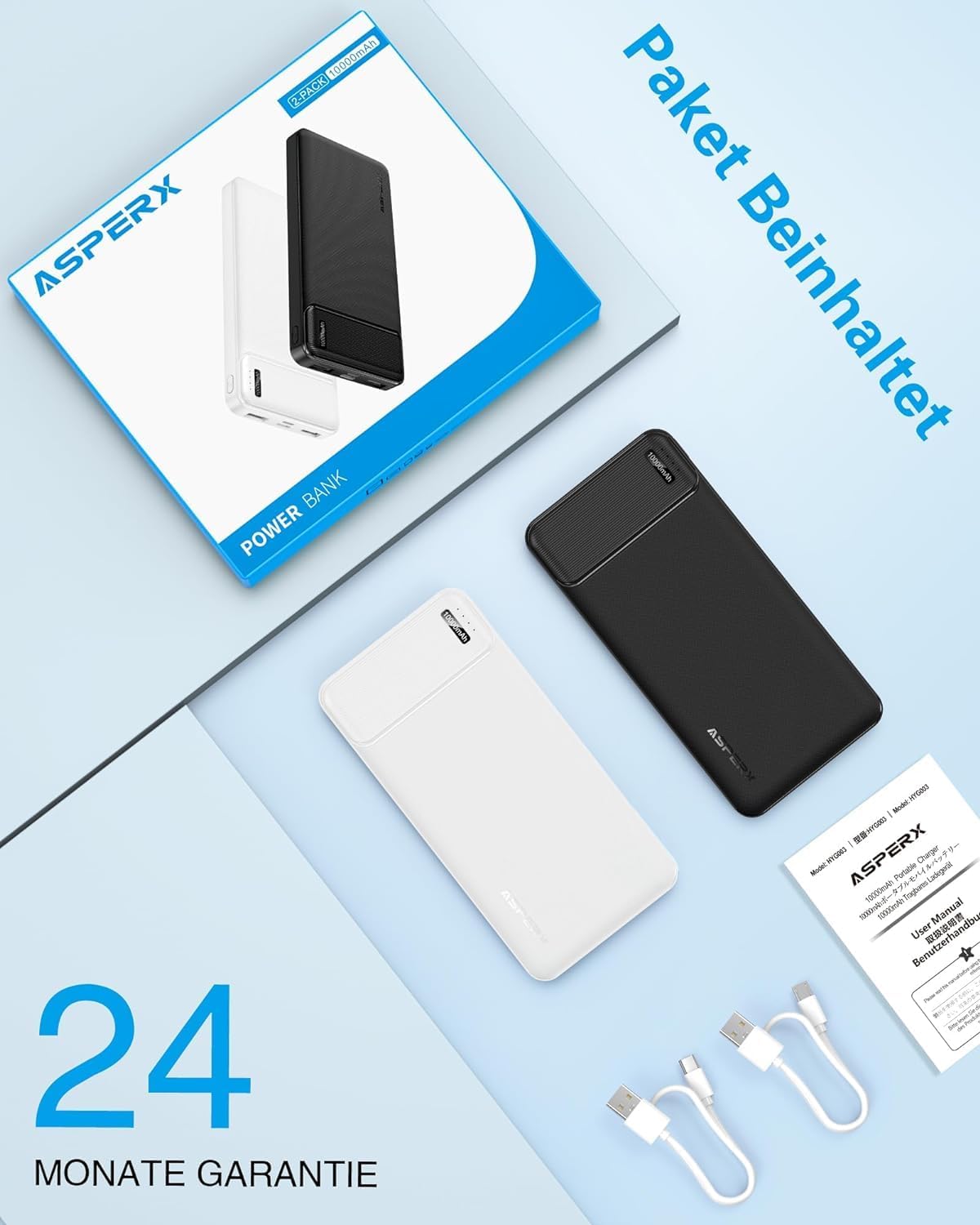 AsperX Power Bank 10000 mAh Dual Pack 4 Ports USB‑C Eingang Ausgang fuer iPhone i