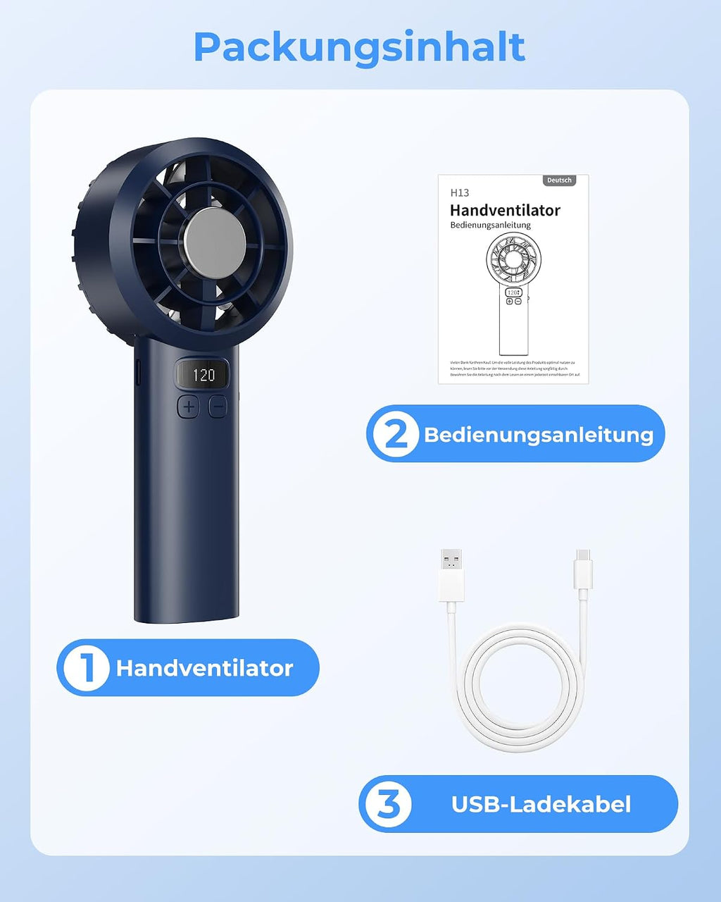 Tragbarer USB Mini Handventilator 7000 RPM, 3000 mAh Akku, LED-Display