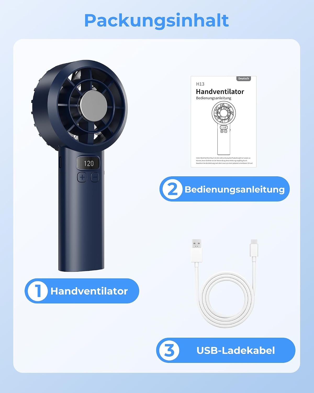 Tragbarer USB Mini Handventilator 7000 RPM, 3000 mAh Akku, LED-Display