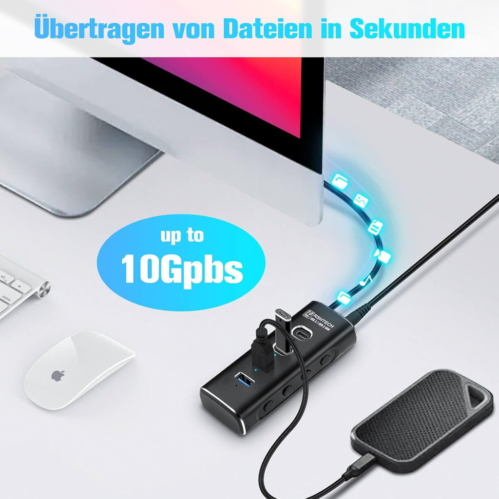RSHTECH USB‑C Hub 7‑Port 10 Gbps mit Netzteil, USB Splitter Adapter