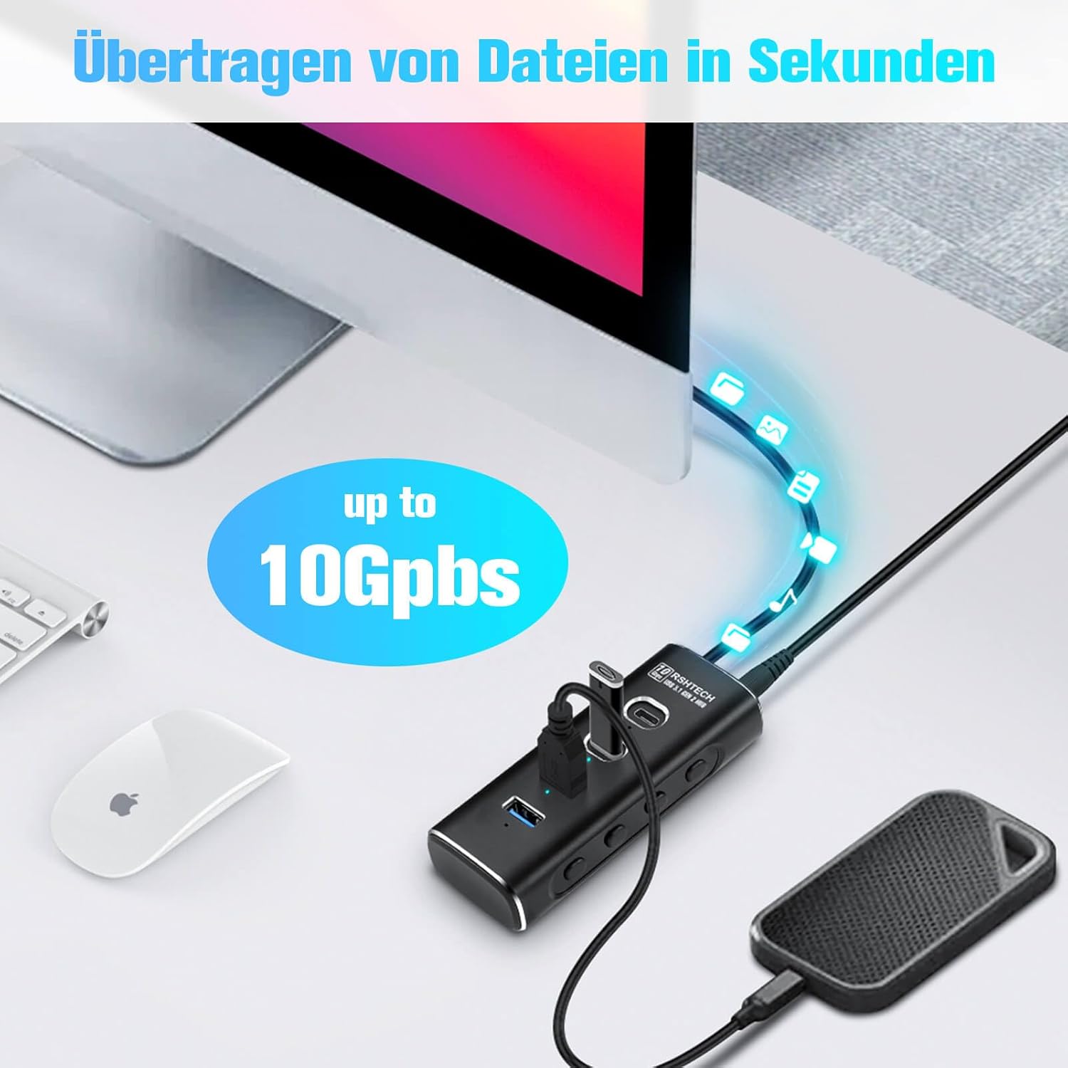 RSHTECH USB‑C Hub 7‑Port 10 Gbps mit Netzteil, USB Splitter Adapter