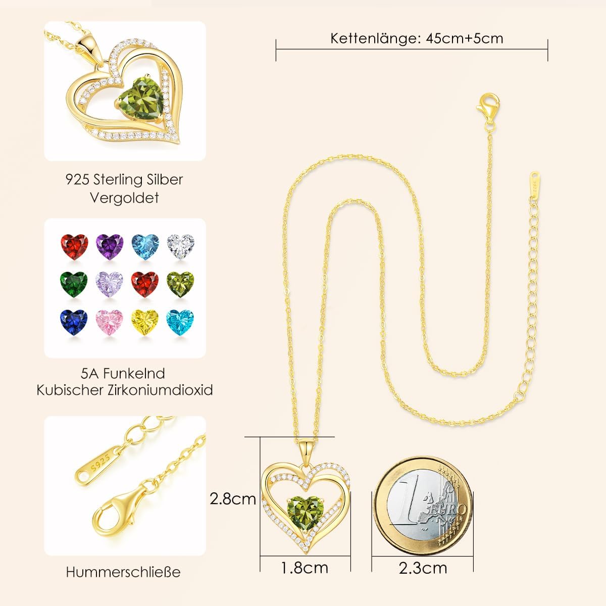 Damen Herzkette 925 Sterling Silber verschiedene Farben Geburtsstein Anhaenger