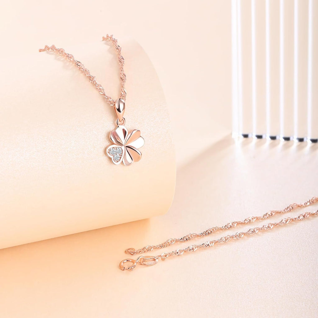 925 Sterling Silber Damen Kette Kleeblatt Anhaenger Zirkonia Gluecksbringer