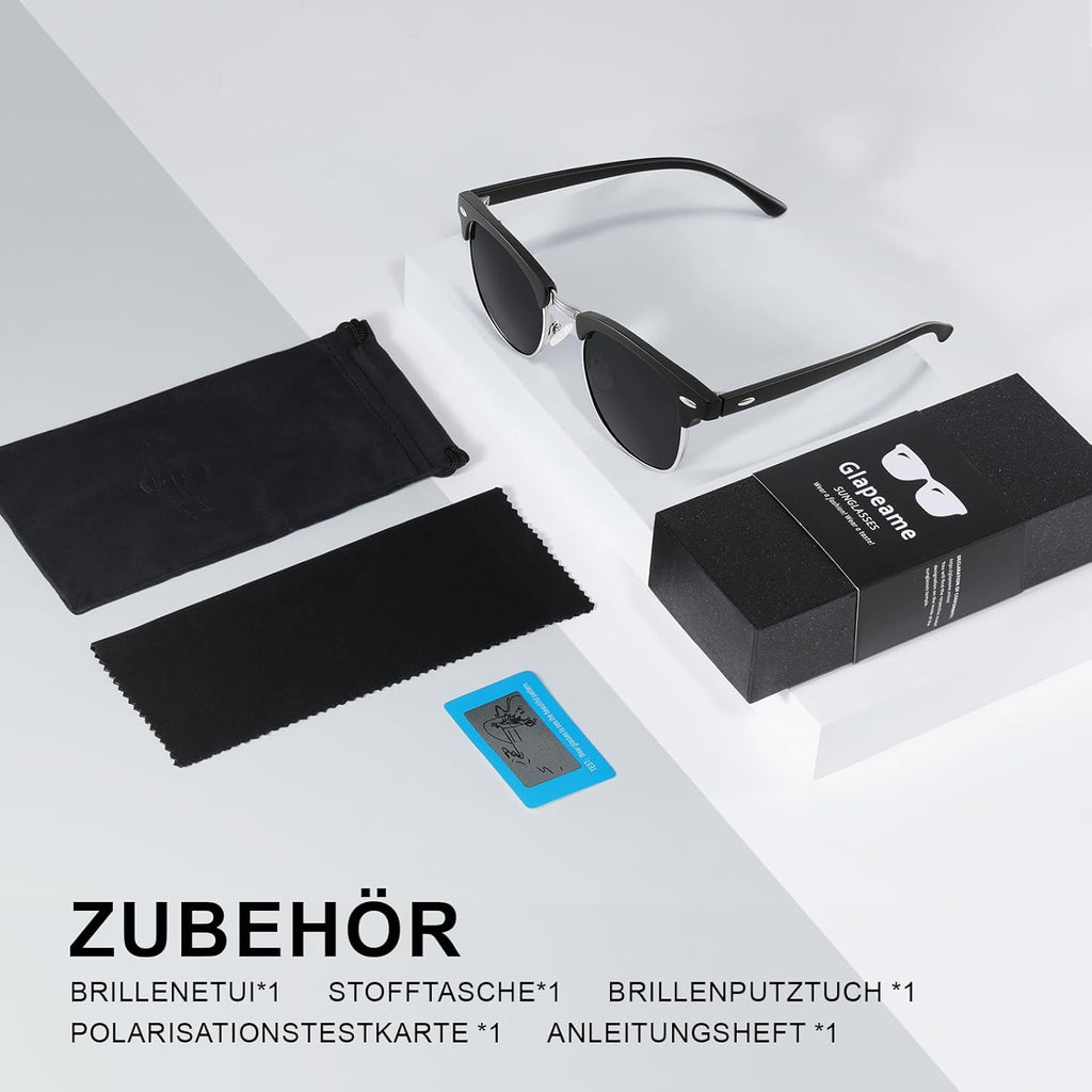 Polarisierte Sonnenbrille Herren Damen Halbrahmen Schwarz UV400 Retro