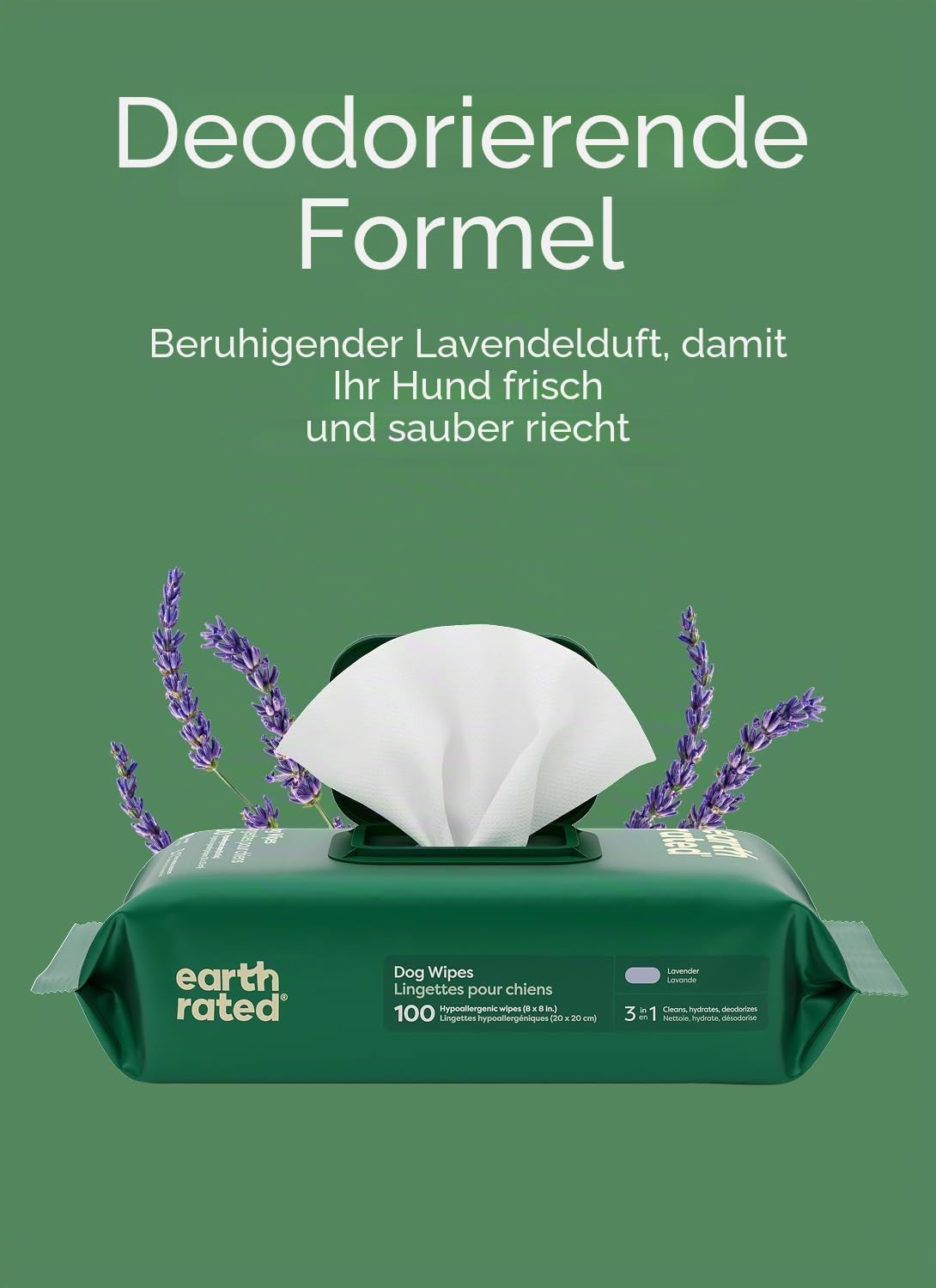 Earth Rated Hunde Feuchttuecher Lavendel 100 Stueck pflanzliche Pflegetuecher