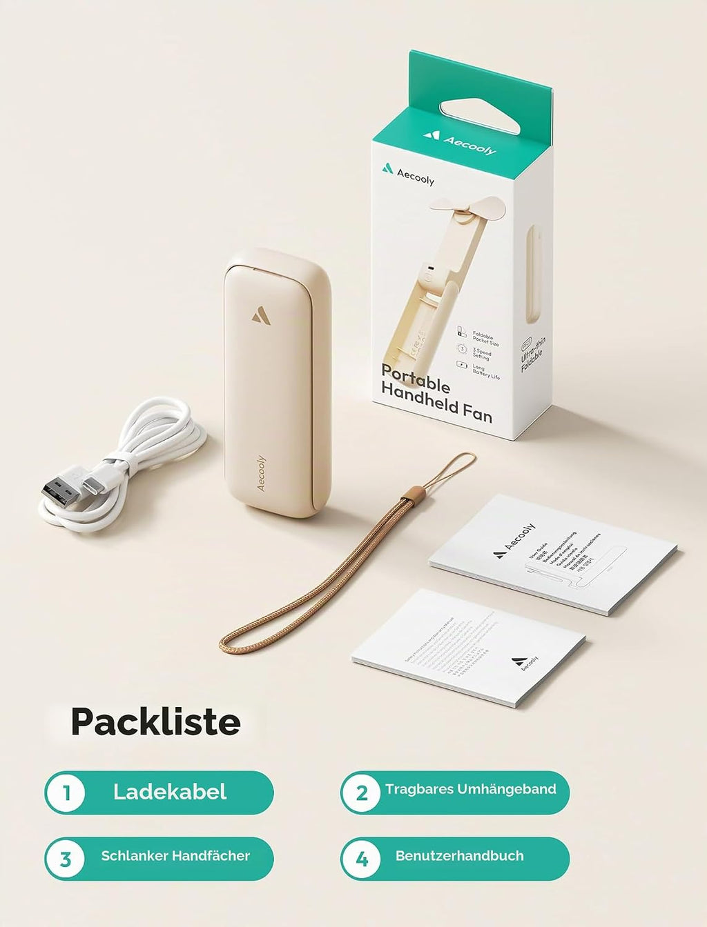 Aecooly schlanker Mini USB-Taschenventilator Akku bis 24 Std. Beige