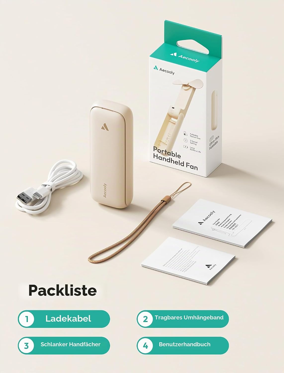 Aecooly schlanker Mini USB-Taschenventilator Akku bis 24 Std. Beige