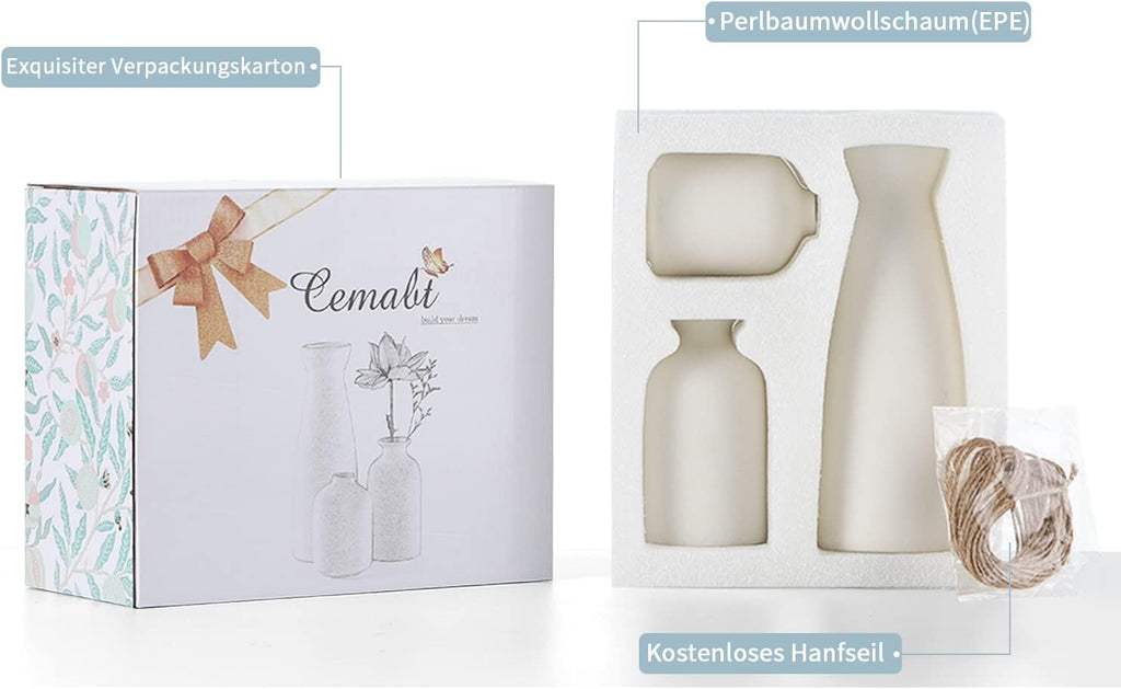 CEMABT Keramik Vasen 3er Set kleine Blumenvasen Deko Pampas Natur