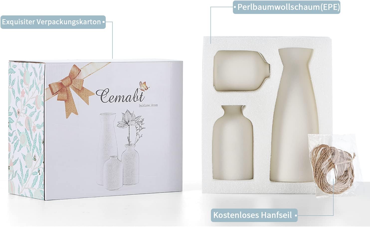CEMABT Keramik Vasen 3er Set kleine Blumenvasen Deko Pampas Natur
