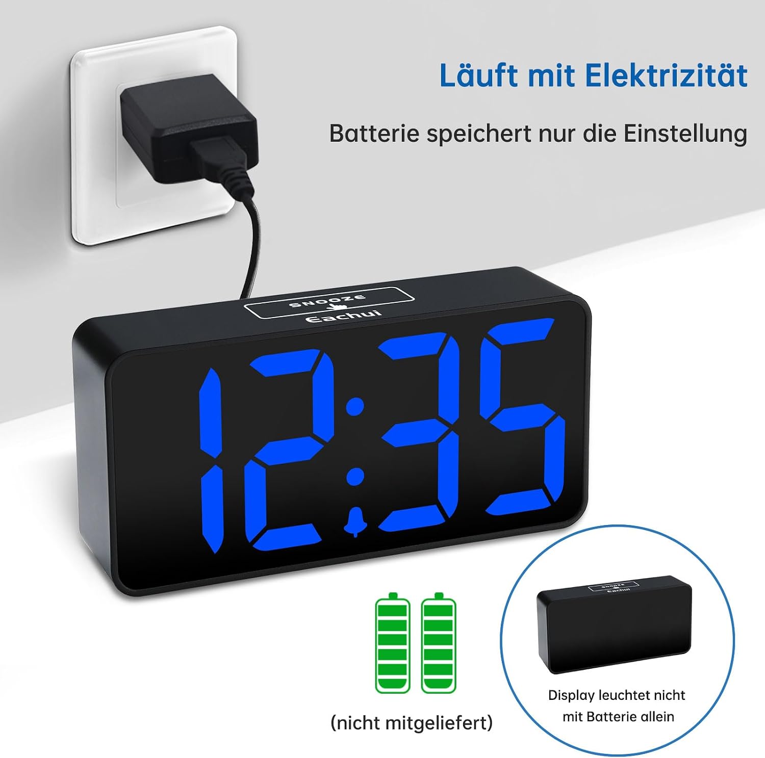 Digitaler LED Wecker gross Ziffern dimmbar USB Snooze 12/24 h Schwarz Weiss